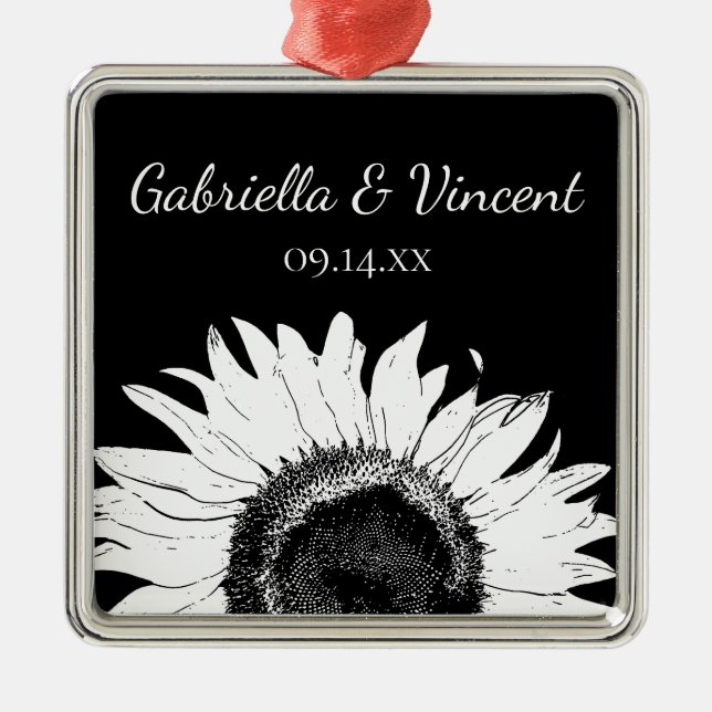 Weiße Sonnenblume auf Schwarzer Hochzeit Silbernes Ornament (Vorne)