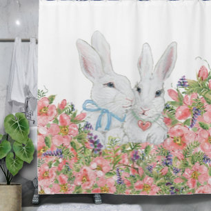 Weiße, sonnige Kaninchen, rosa Blume Pastell Duschvorhang