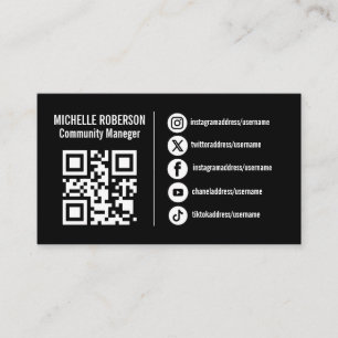 Weiße soziale Medien-Symbole QR oder Logo auf schw Visitenkarte
