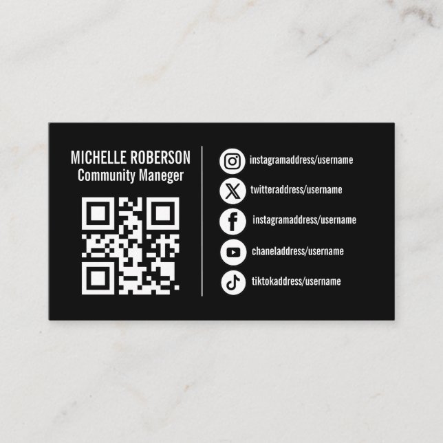 Weiße soziale Medien-Symbole QR oder Logo auf schw Visitenkarte (Vorderseite)