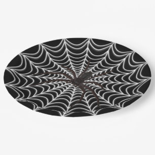 Weiße Spinnennetze und Schwarzes Halloween Pappteller