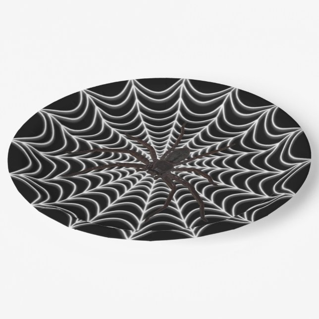 Weiße Spinnennetze und Schwarzes Halloween Pappteller (Schrägansicht)