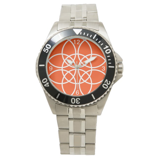 Weiße Spiralkreise auf hellen Orangen Armbanduhr (Vorderseite)