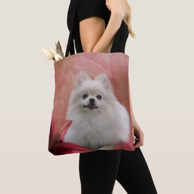 Weiße Spitz Hunde Blume Tier Tasche (Von Nahem)