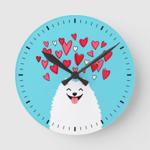 Weiße Spitz Hunde mit Herz Runde Wanduhr