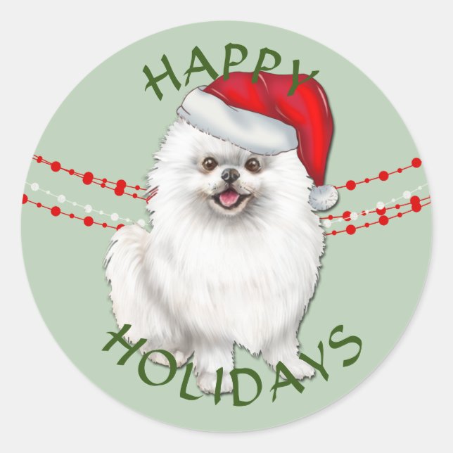 Weiße Spitz Hunde Weihnachtsmannmütze Happy Holida Runder Aufkleber (Vorderseite)