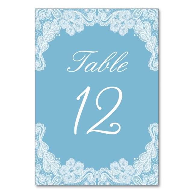 Weiße Spitze auf Pastel Blue Tischnummer (Vorderseite)