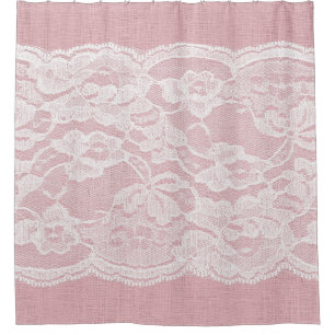 Weiße Spitze auf Pastellrosa Linen Textur Duschvorhang