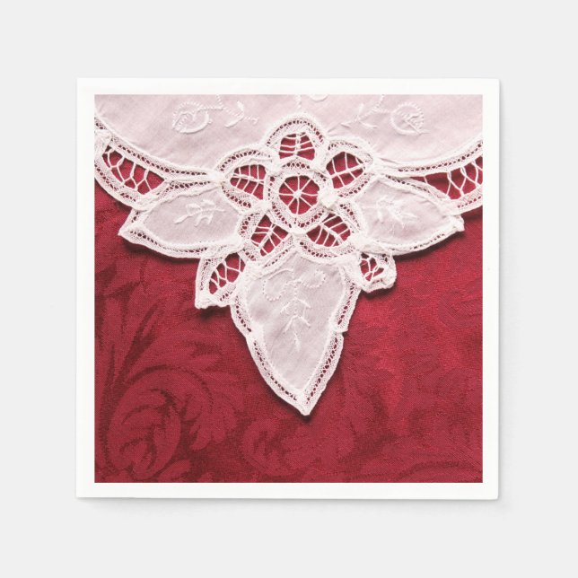 Weiße Spitze auf rotem Stoff Serviette (Vorderseite)