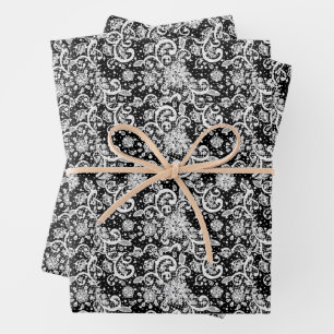 Weiße Spitze auf schwarzem Hintergrundmuster Geschenkpapier Set