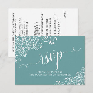Weiße Spitze auf teal-eleganter Kalligrafie-Hochze RSVP Karte