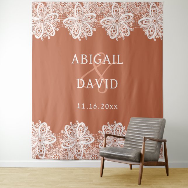 Weiße Spitze auf Terracotta Hochzeit Hintergrund Wandteppich (Beispiel)