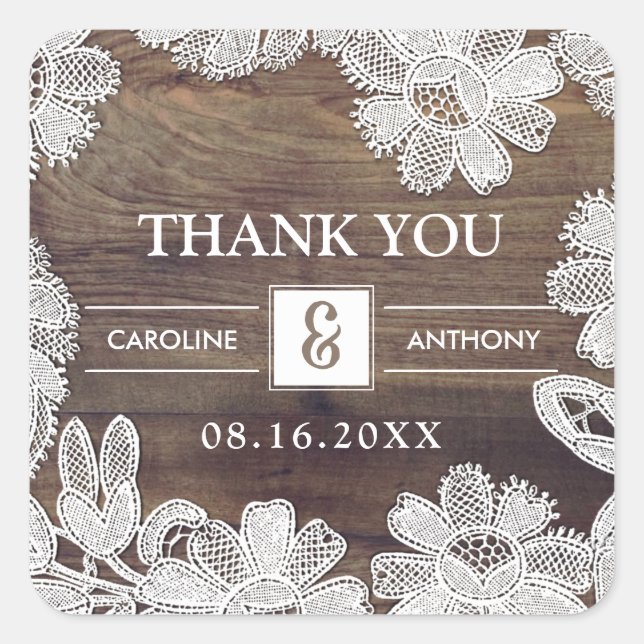 Weiße Spitze | Barn Wood Wedding Vielen Dank Quadratischer Aufkleber (Vorderseite)
