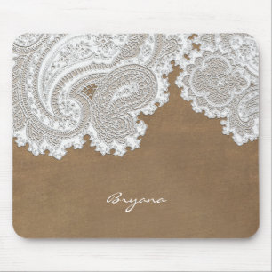 Weiße Spitze & Braunes Rustikales Chic Elegantes L Mousepad
