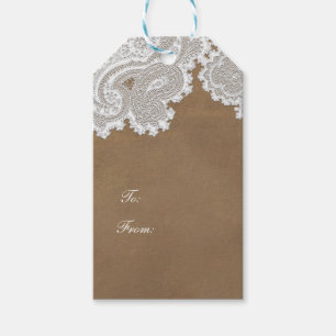 Weiße Spitze & Braunes Rustikales Chic Elegantes P Geschenkanhänger