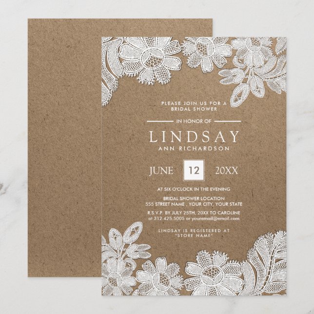 Weiße Spitze | Einladungen zu Kraft Paper Bridal S (Vorne/Hinten)
