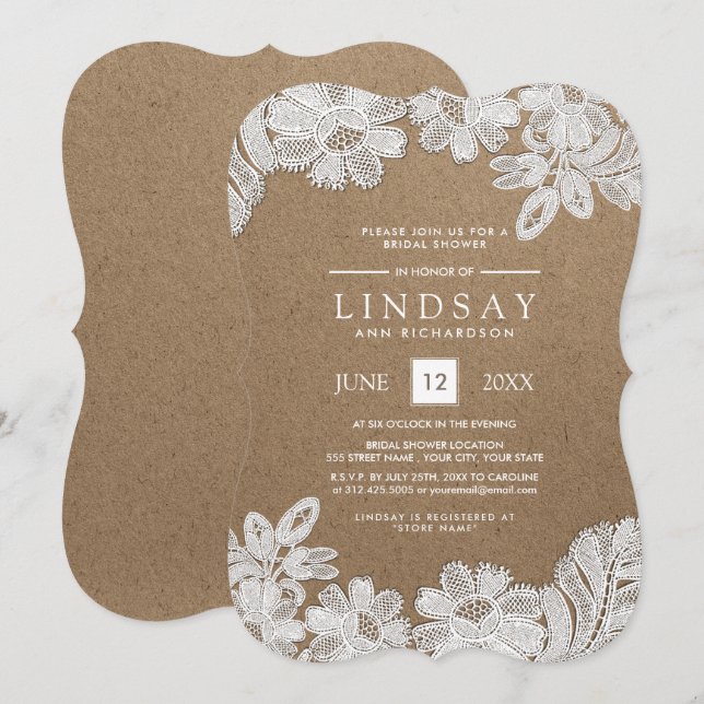 Weiße Spitze | Einladungen zu Kraft Paper Bridal S (Vorne/Hinten)