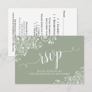 Weiße Spitze, Grüner Salbei, Elegante Kalligrafie RSVP Karte