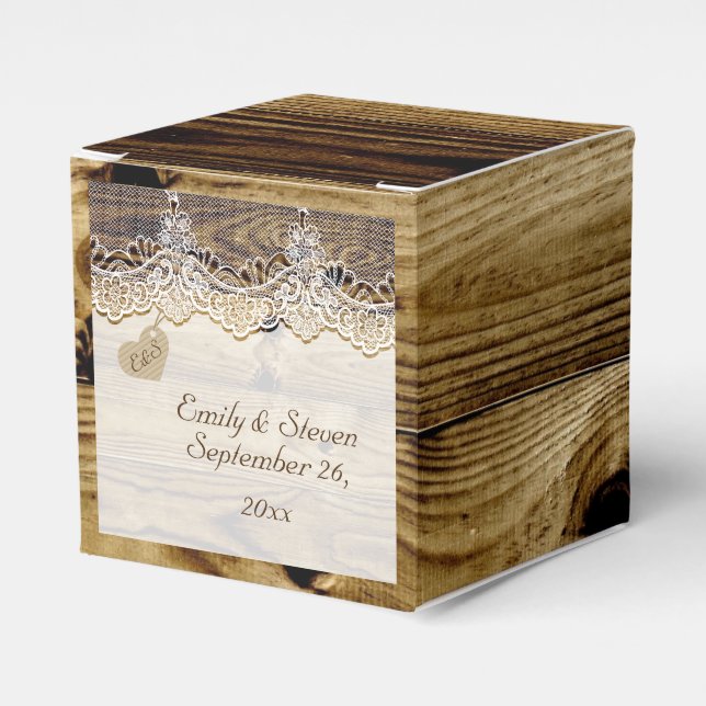 Weiße Spitze & Herz auf alten Holz rustikale Hochz Geschenkschachtel (Vorderseite)