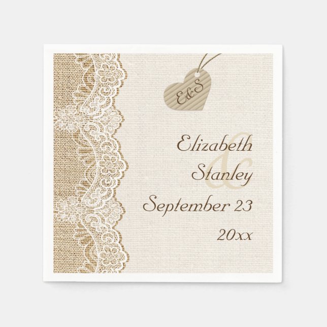Weiße Spitze & Herz auf Burlap rustikale Hochzeit Serviette (Vorderseite)