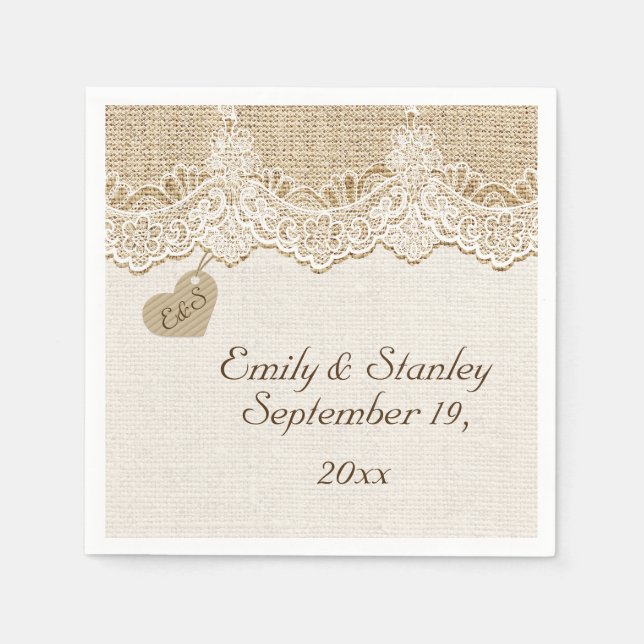 Weiße Spitze & Herz auf Burlap rustikale Hochzeit Serviette (Vorderseite)