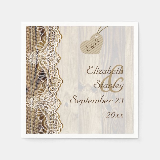 Weiße Spitze & Herz auf Holz rustikale Hochzeit Serviette (Vorderseite)