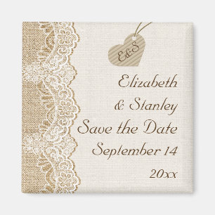 Weiße Spitze & Herz auf Jute Hochzeit Save the Dat Magnet