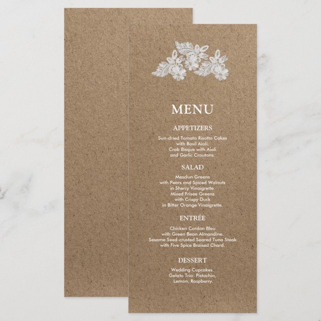Weiße Spitze | Kraft Paper Wedding Menu Cards Menükarte (Vorne/Hinten)