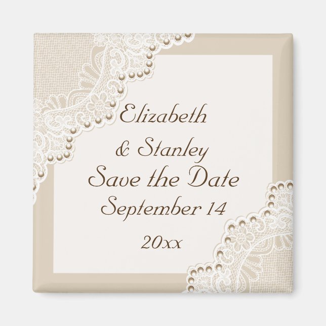 Weiße Spitze mit Perlen Hochzeit Save the Date Magnet (Vorne)