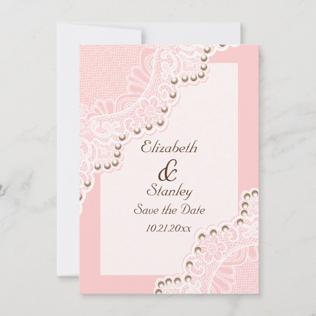 Weiße Spitze mit Perlen rosa Hochzeit Save the Dat Save The Date (Vorderseite)
