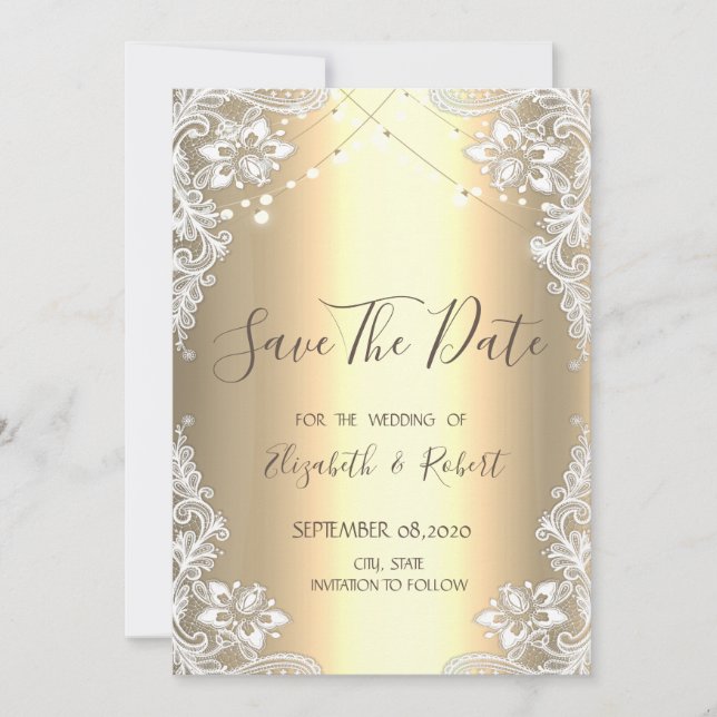 Weiße Spitze, String Lights Gold Save the Date (Vorderseite)