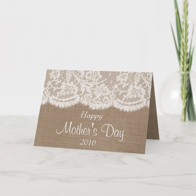 Weiße Spitzen am rustikalen Burlap Happy Mother Da Karte (Vorderseite)