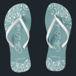 Weiße Spitzen auf Aquamariner, schlichter Braut Flip Flops<br><div class="desc">Tanzen Sie die Nacht mit diesen schönen Hochzeitsflip-Flops. Sie sind für die Braut konzipiert und zeichnen sich durch ein schlichtes und dennoch elegantes Design aus. extravagante Schriftzeichen auf einem aquamarinen Hintergrund und weiße Spitzen-Gürtel und Wirbel sorgen für ein elegantes Design. Eine schöne Art, extravagant und angemessen bleibe, während Sie Ihren...</div>