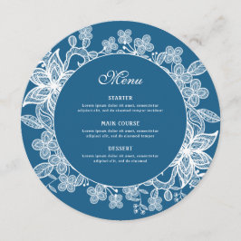 Weiße Spitzen auf blauem Round-Menu Menükarte