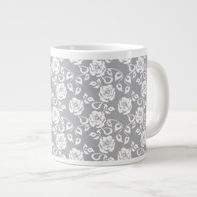 Weiße Spitzen auf grauem Hintergrund Jumbo-Tasse (Vorderseite Rechts)