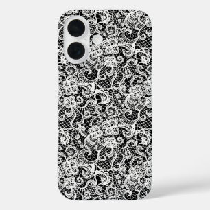 Weiße Spitzen-Muster auf schwarz iPhone 16 Hülle