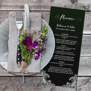 Weiße Spitzen Schwarz und Grün-Hochzeitsmenü Menükarte