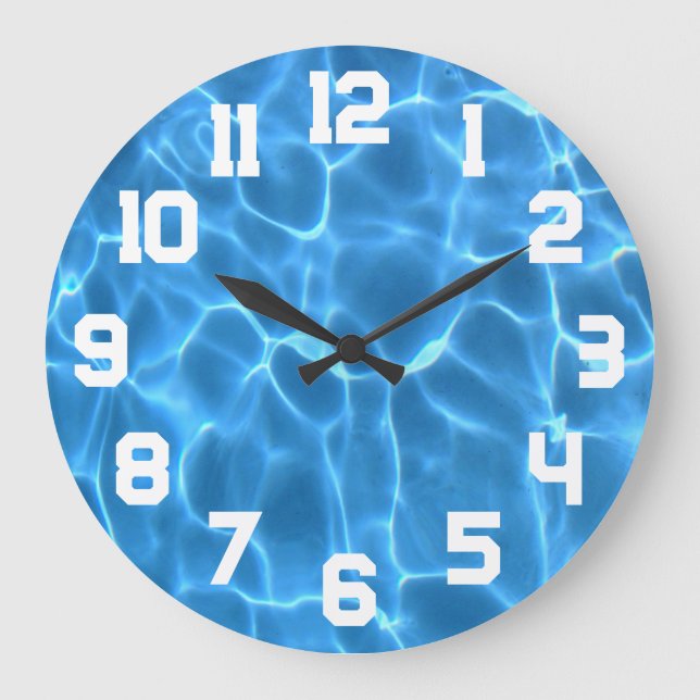 Weiße Sportnummern Aqua Blue Pool Große Wanduhr (Vorderseite)