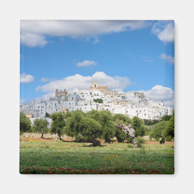 Weiße Stadt Ostuni mit Olivenbäumen, Magnet Apulie (Vorne)