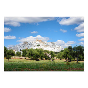 Weiße Stadt Ostuni mit Olivenbäumen, Puglia-Druc Fotodruck