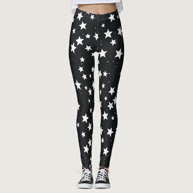 Weiße Sterne auf schwarzem Hintergrund Leggings (Vorderseite)