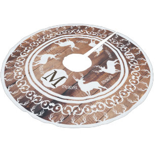 Weiße Stöcke Antler Dunkle Holzplanen Mit Monogram Polyester Weihnachtsbaumdecke