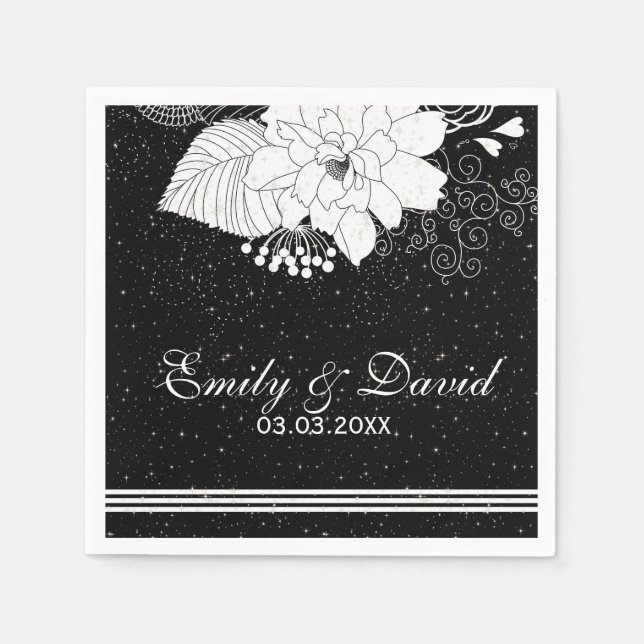 Weiße Streifen und Blume - Save the Date Serviette (Vorderseite)