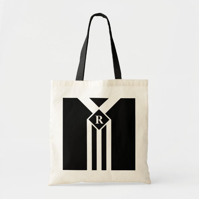 Weiße Streifen und Kronen auf Schwarz mit Monogram Tragetasche (Vorne)