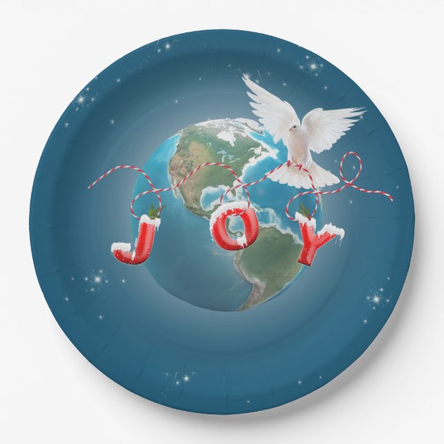 Weiße Taube auf dem Planeten mit Joy-Ornament Pappteller (Vorderseite)
