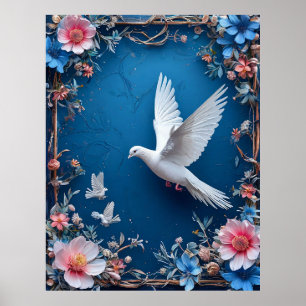 Weiße Taube in verziertem blauen Rahmen Poster