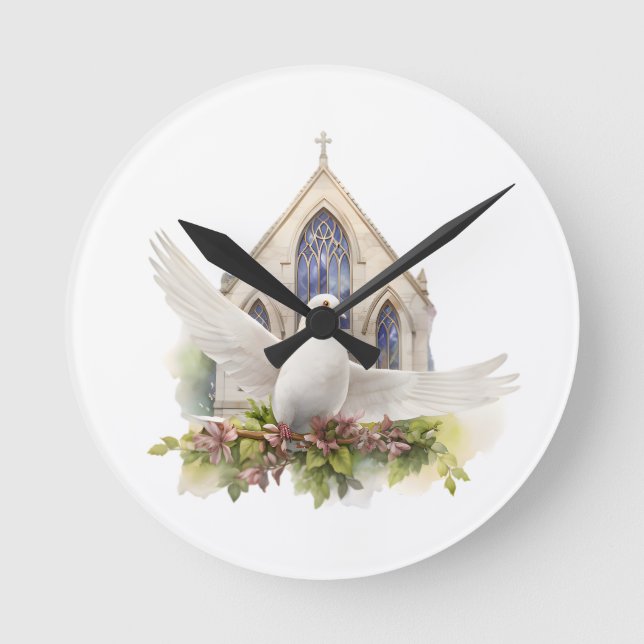 Weiße Taube mit Kirche Runde Wanduhr (Vorderseite)