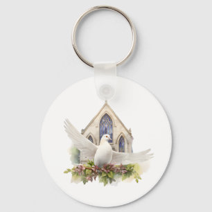 Weiße Taube mit Kirche Schlüsselanhänger