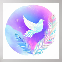 Weiße Taube mit rosa und blauen Federn Poster