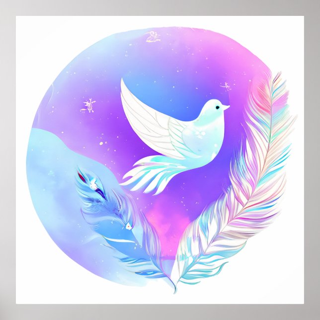 Weiße Taube mit rosa und blauen Federn Poster (Vorne)